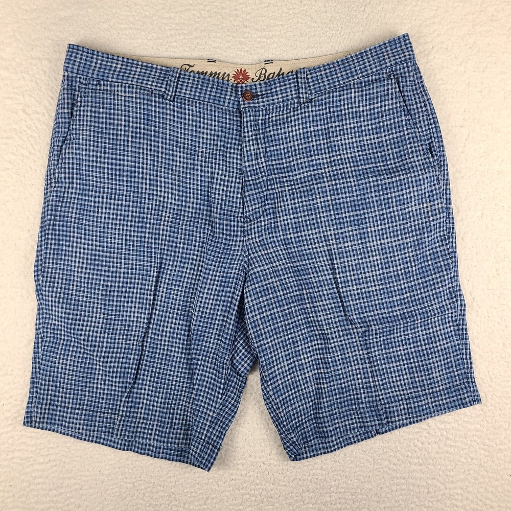 Tommy Bahama Shorts Mens 38 Blue Plaid 10" Inseam Casual Chino Linen Silk